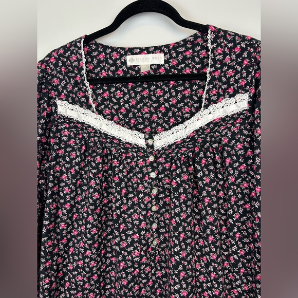 Eileen West Nightgown Size Large Black Pink Ditsy Floral Ruffled Lace Cotton - Picture 2 of 5